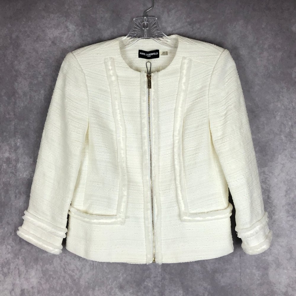 Karl Lagerfeld Tweed Fringe Blazer Jacket Ivory Size 4